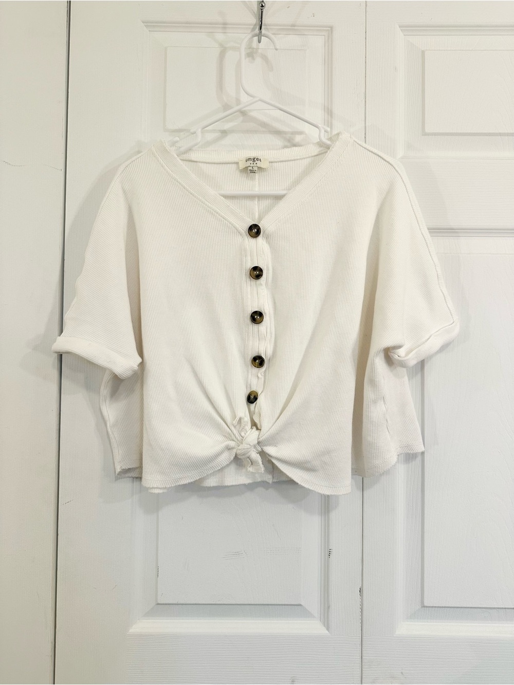 Umgee V-neck Front Tie Waffle Knit Top